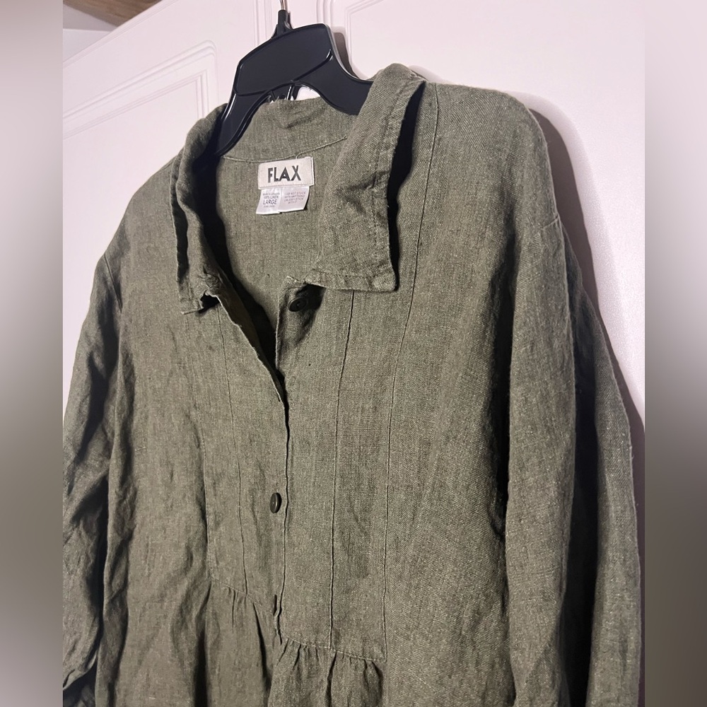 FLAX Linen Tunic Top Olive Green Large Lagenlook Button Front - Picture 7 of 10